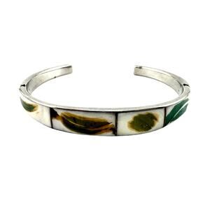 Petite White Green Yellow Painted Glass Inlay Silver Tone Cuff 5.75” Bracelet